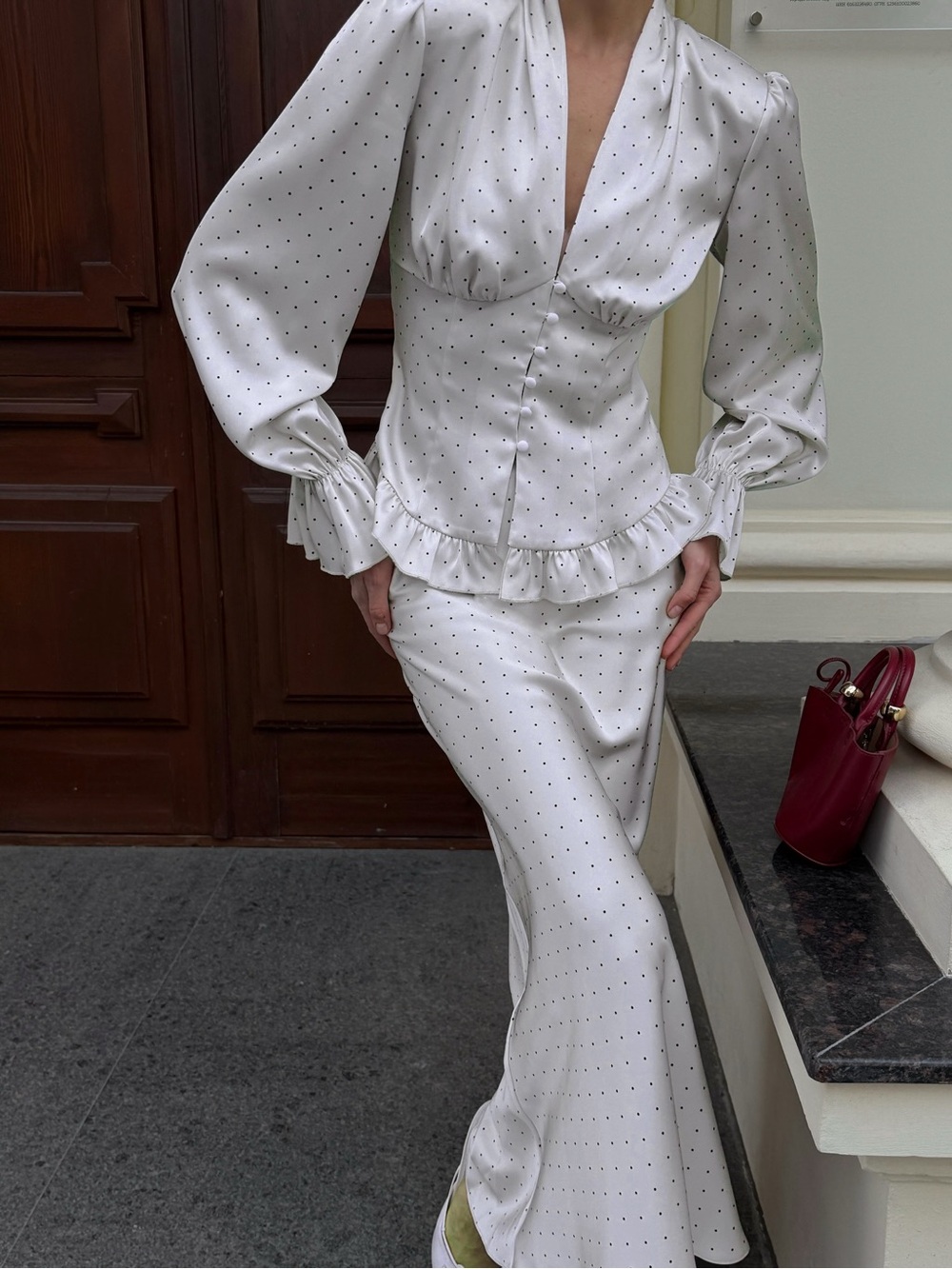 Satin Polka Dot Top and Skirt Set - Picture 3 of 12